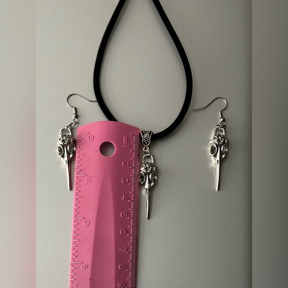 CROW RAVEN BIRD SKULL Pendant Silver Necklace Earrings Set Men Gothic Punk Biker - Picture 5 of 10